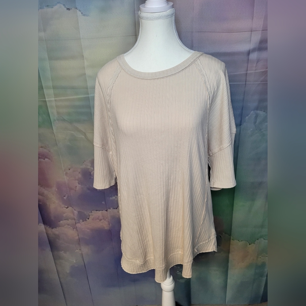 Very J Newwim Oversized Ribbed 3/4 Dolman Sleeves Exposed Seams Tan Cream Top L